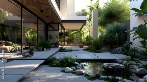 realistic photo of a modern house yard with a minimalist concept © ndoy