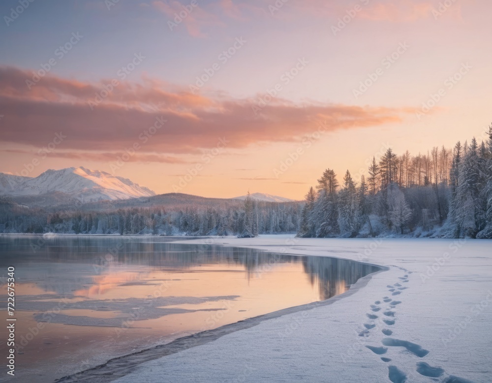 Crimson Dawn over a Frozen Lakeside
