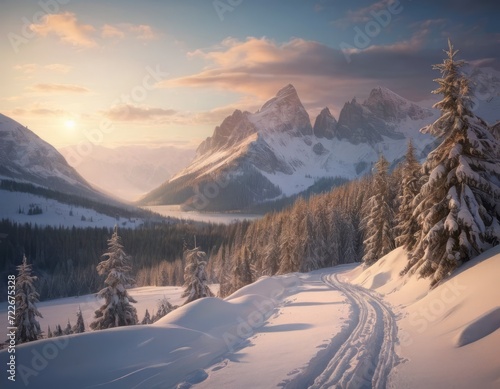 Sunrise Majesty over Snowy Mountain Pass © Vicor
