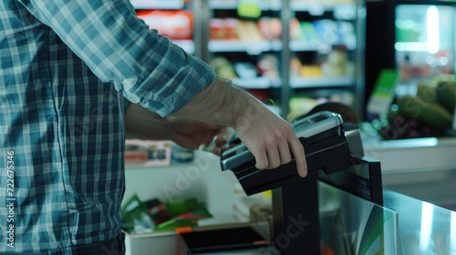 Customer using a contactless payment method at a modern grocery store checkout.