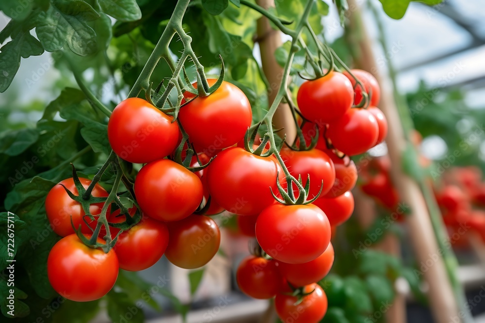 Ripe red tomatoes growing on the vine in a greenhouse on a sunny day