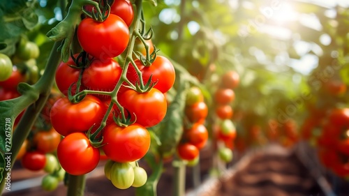 Ripe red cherry tomatoes on a branch in a greenhouse. Close-up photo