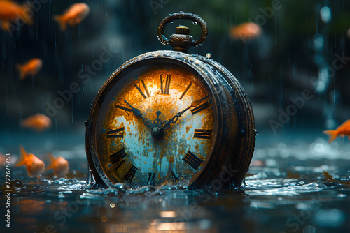 Old Rusty Clock in the Center of a Water Flood photo