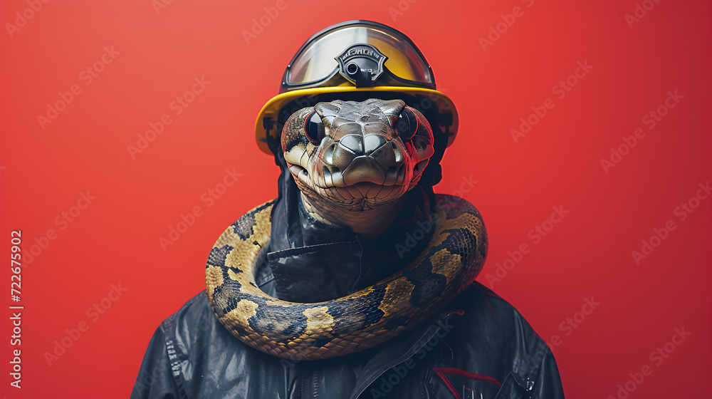 Person with Snake on Head Holding Fire Department Helmet - obrazy, fototapety, plakaty 
