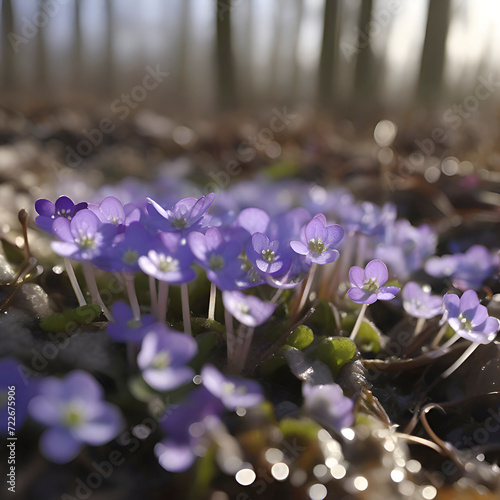 Field of Hepatica Americana flowers. Wildflower illustration.  photo