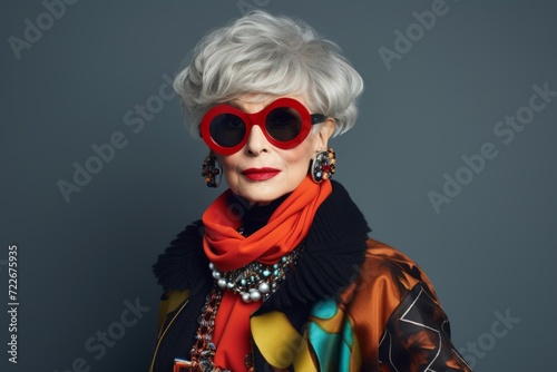 Fashionable senior woman in red sunglasses and scarf. Studio shot.