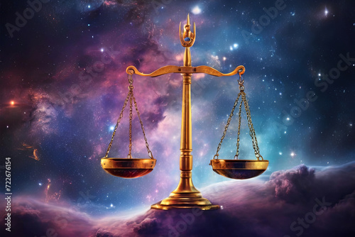 Discover the cosmic allure of Libra zodiac sign against a space nebula backdrop. Astrology calendar with esoteric horoscope and fortune-telling concept. 