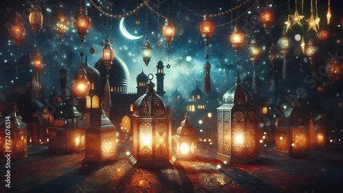islamic lantern in the night fantasy ramadan. Seamless looping 4K virtual video animation background photo