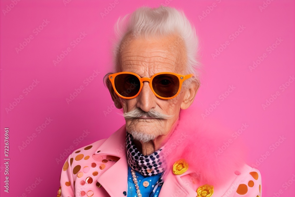 Portrait of an old man in stylish clothes and sunglasses on a pink background.