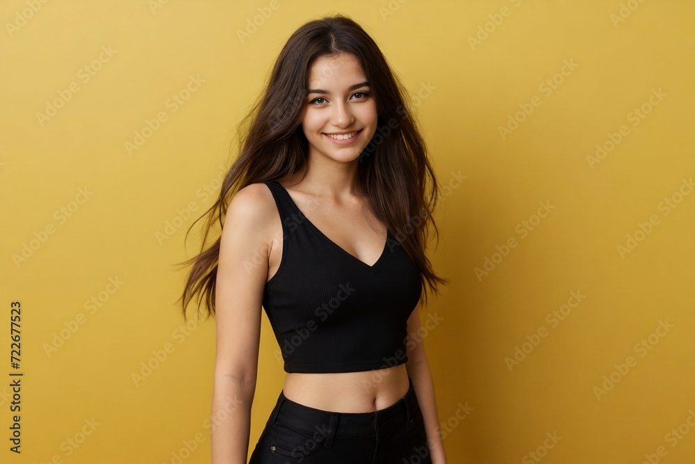Obraz premium Sexy Uruguayan woman standing against a yellow background with copy space.