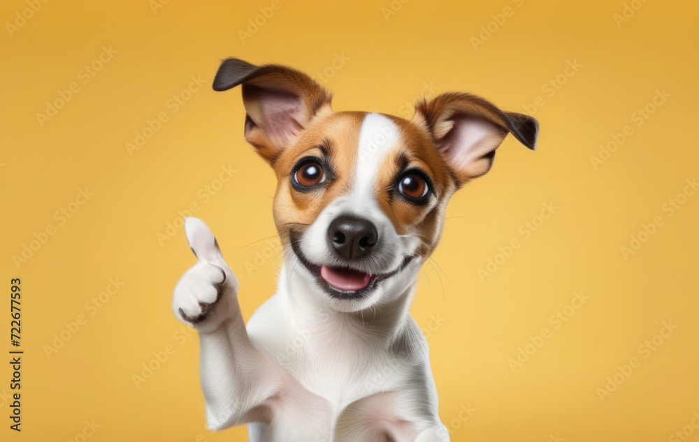 Happy dog shows thumbs up. Success concept.