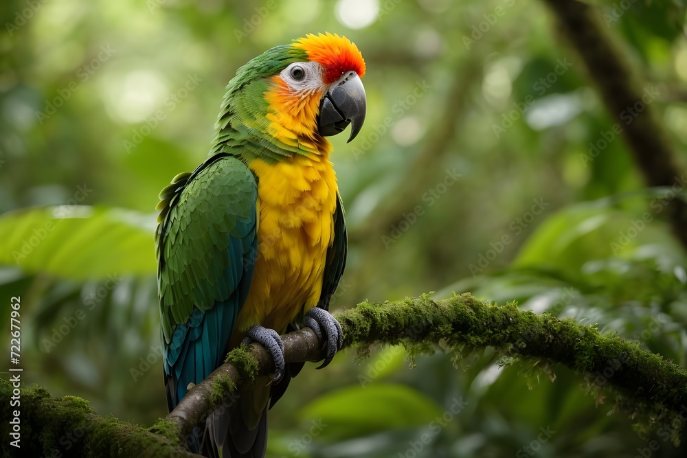 Vibrant Parrot Perched in Lush Green Tropical Forest, Close-Up