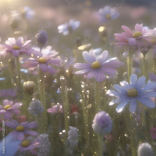 Fields of pastel wildflowers with morning sunlight and sparkling dew. Wildflower illustration. 