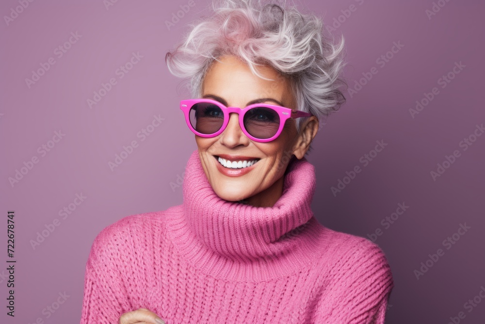 Beautiful middle aged woman in pink knitted sweater and sunglasses.