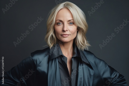 Portrait of a beautiful blonde businesswoman in a black jacket.