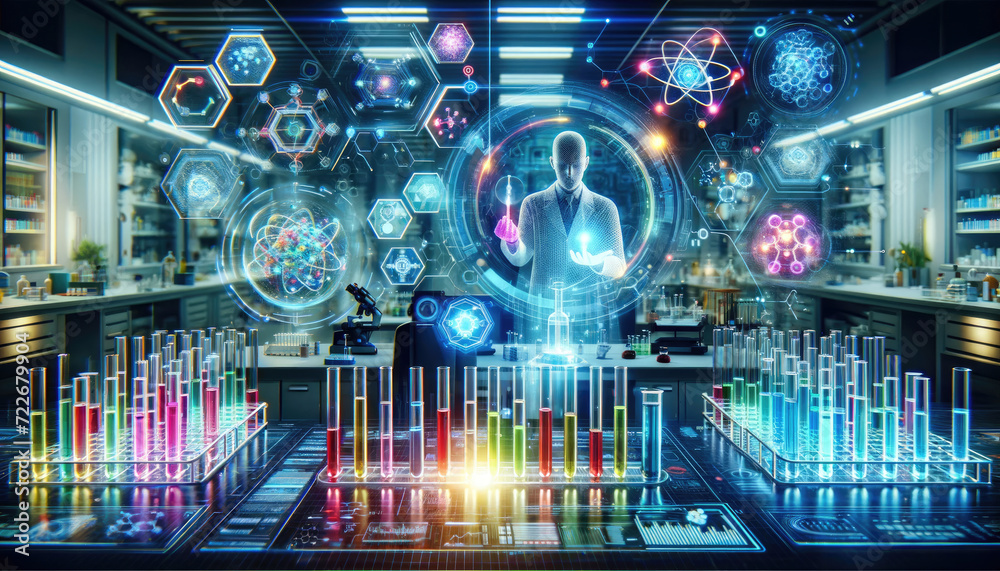 In a high-tech laboratory, a scientist interacts with a sophisticated ...