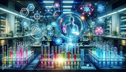 In a high-tech laboratory  a scientist interacts with a sophisticated holographic interface displaying molecular structures and scientific data.