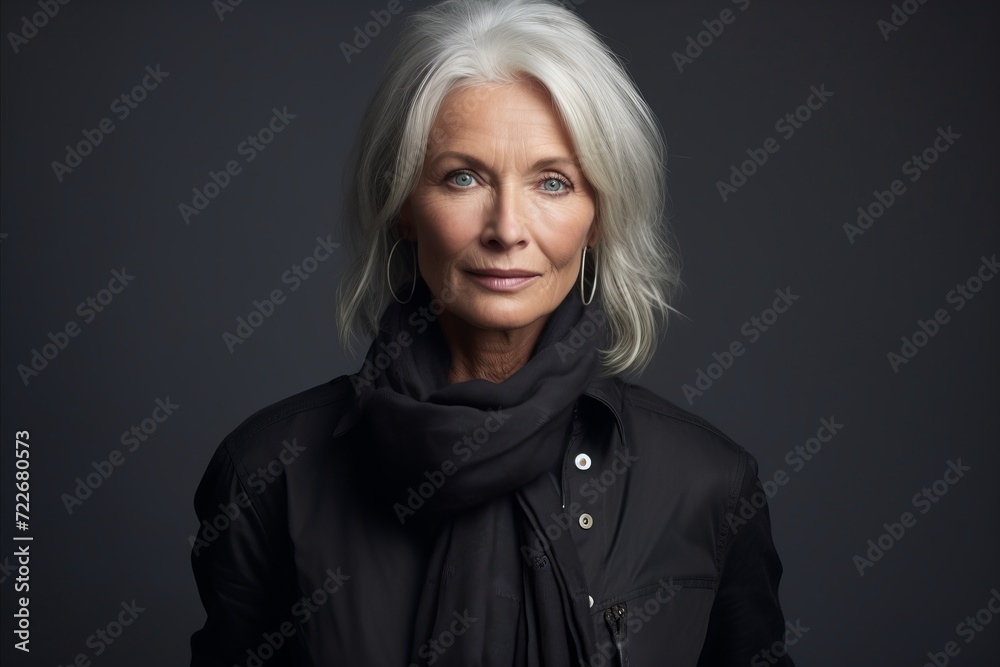 Portrait of a beautiful senior woman in a black jacket and scarf