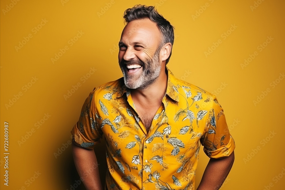 Portrait of a handsome middle-aged man laughing over yellow background.