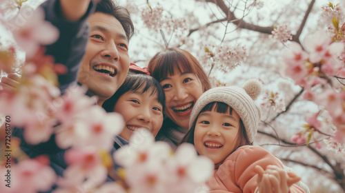 満開の桜の花の中で日本の家族4人が楽しそうに笑顔で自撮りしている写真、お花見
