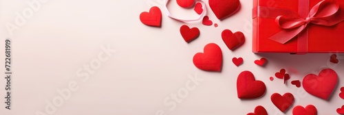 Valentine's day background with gift boxes and red hearts on white background top view.