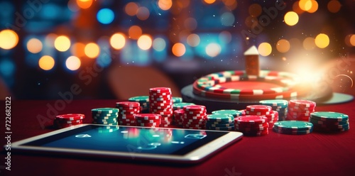 Gaming Chips Pile. Poker Chips Stacked Gambling concept Bokeh Background.Generative AI