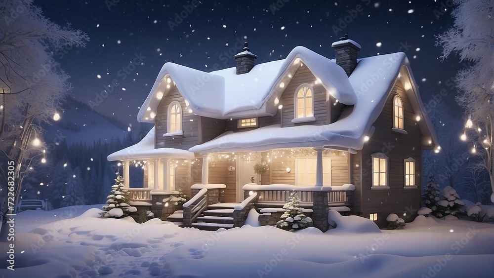 Snowy House With Lights In The Snowy Winter Background