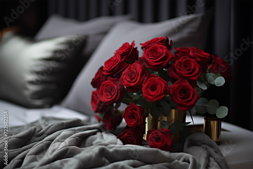 Elevate romance with red roses on a luxurious bed, set in dark gray interiors, enhanced by wimmelbilder detailing, lightbox illumination, RTX sharp focus, and tender romantic gestures. photo