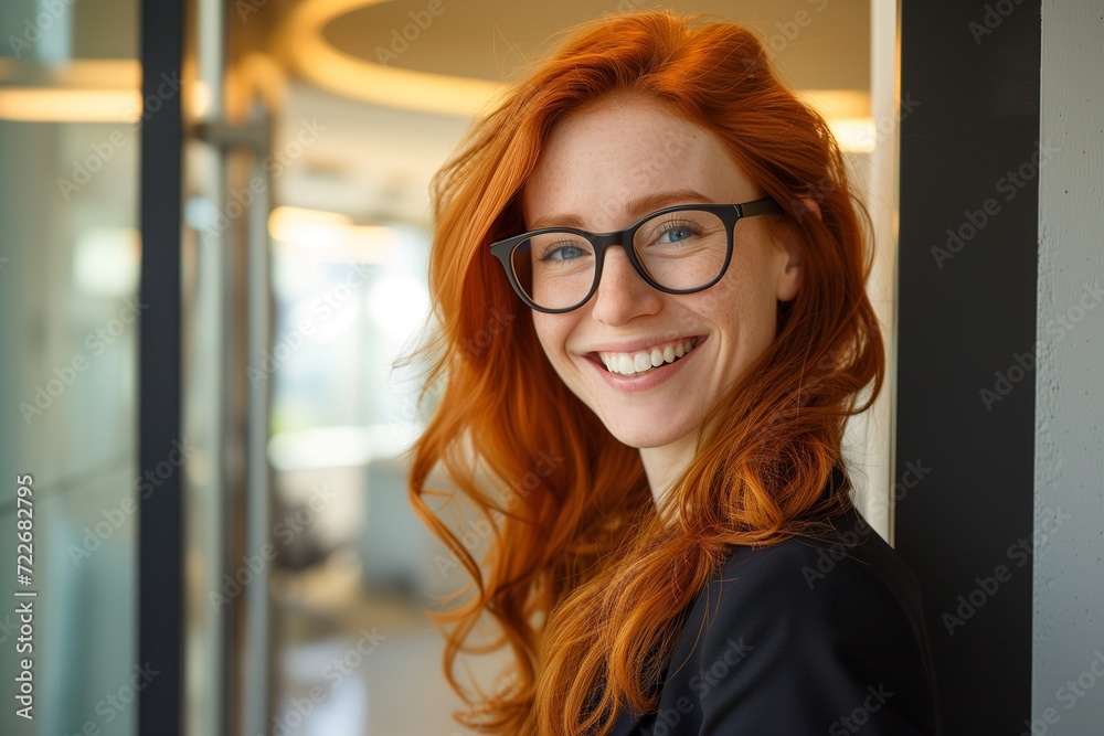 Bright and inviting portrait of a red-haired woman with glasses, smiling confidently in a professional office environment. Bright and inviting portrait of a red-haired woman with glasses, smiling confidently in a professional office environment.