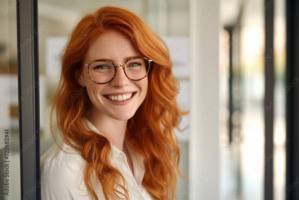 Bright and inviting portrait of a red-haired woman with glasses, smiling confidently in a professional office environment.