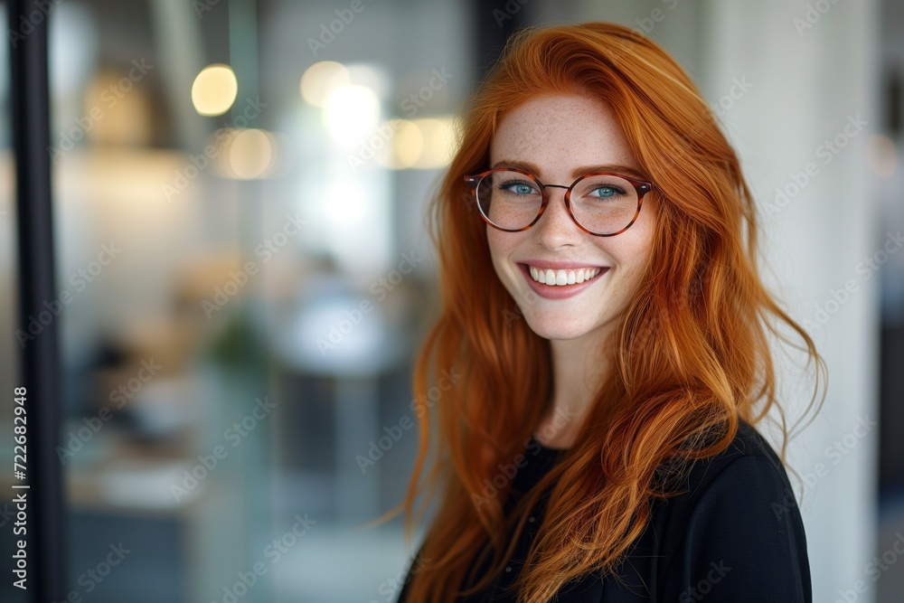 Bright and inviting portrait of a red-haired woman with glasses, smiling confidently in a professional office environment. Bright and inviting portrait of a red-haired woman with glasses, smiling confidently in a professional office environment.