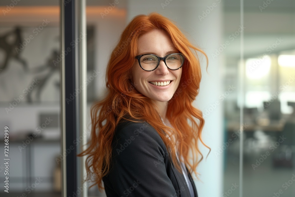 Bright and inviting portrait of a red-haired woman with glasses, smiling confidently in a professional office environment. Bright and inviting portrait of a red-haired woman with glasses, smiling confidently in a professional office environment.