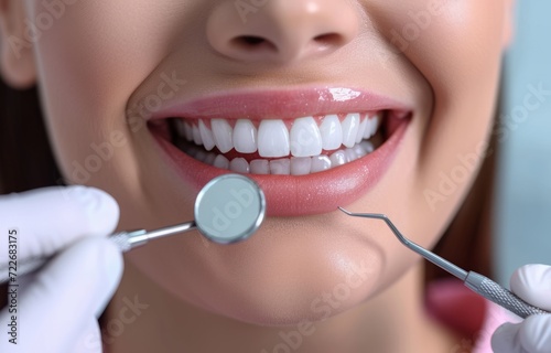 Dental consultation, mirror and woman with smile after teeth whitening, 