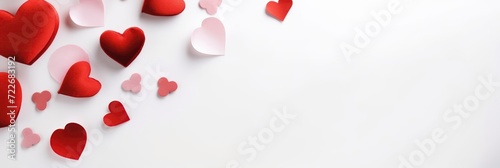 Valentine's day background with gift boxes and red hearts on white background top view.