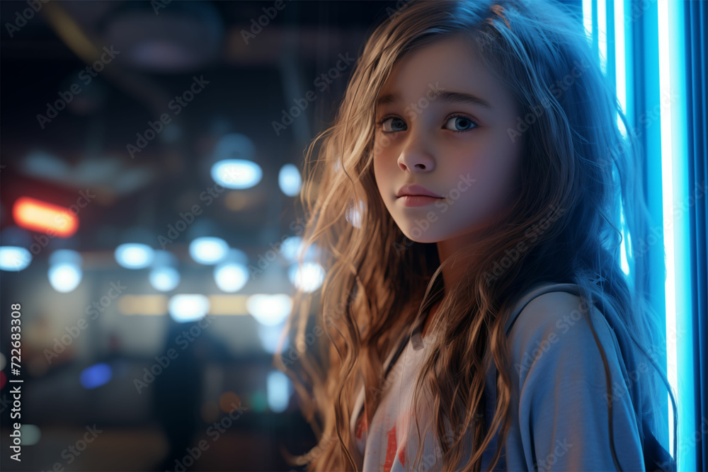 Obraz premium Vibrant energy captured: a girl with flowing hair near a light bar, styled in Unreal Engine 5 visuals with a touch of color reversal film allure