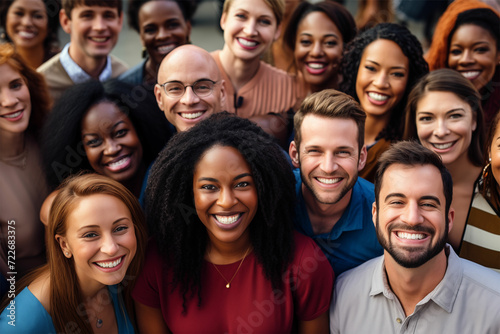 Radiant smiles in a large group, featuring bold chromaticity and selective focus, merging white and brown tones with futurist claims and American regionalism