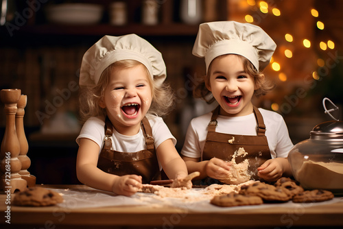 the cute child wearing chef hats and aprons, are engaged in baking. They work on dough placed on a wooden surface, surrounded by various baking tools and ingredients