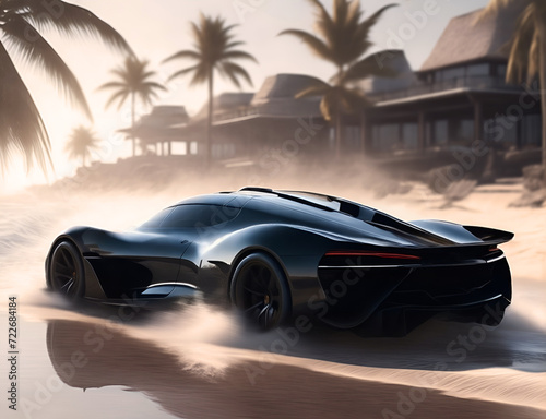 Rear view of a high-speed supercar on the beach. Black racing sports car racing on the ocean shore © Gaston