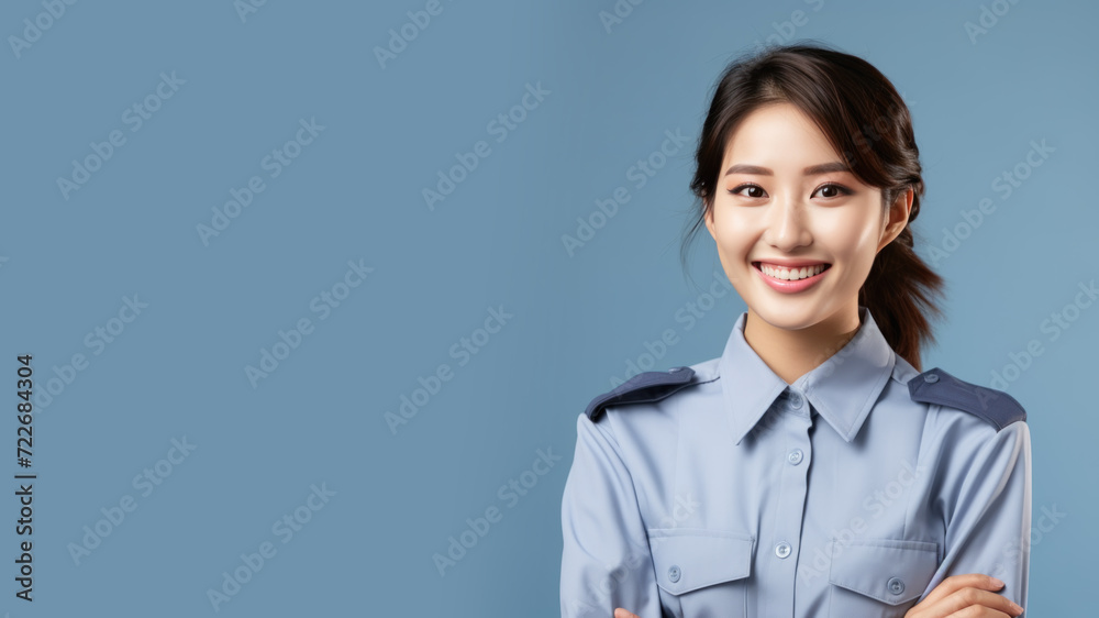 Asian woman in prison officer uniform isolated on pastel background Asian woman in prison officer uniform isolated on pastel background