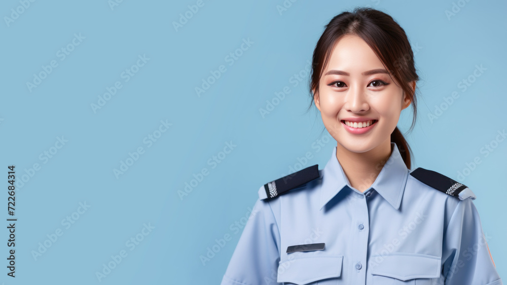 Asian woman in prison officer uniform isolated on pastel background Asian woman in prison officer uniform isolated on pastel background