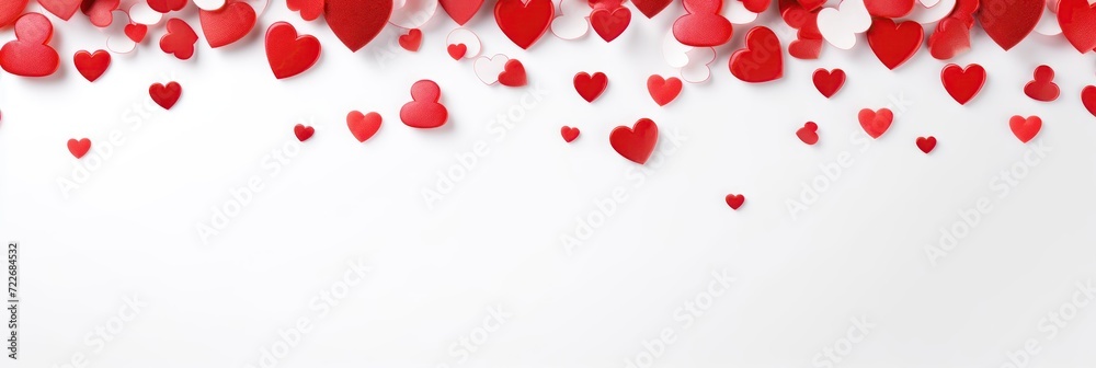 Valentine's day background with gift boxes and red hearts on white background top view.