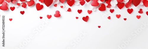 Valentine's day background with gift boxes and red hearts on white background top view.