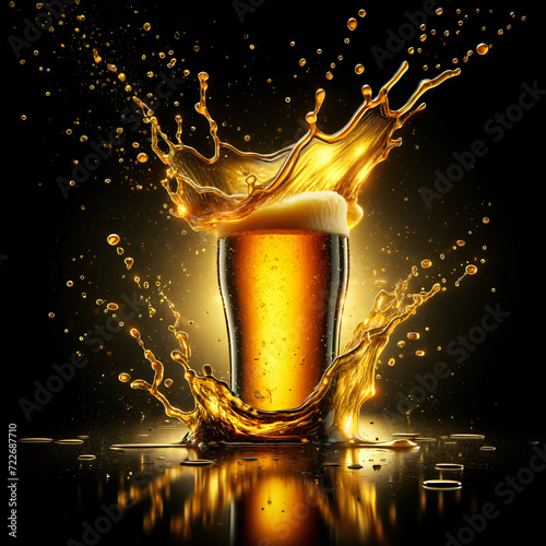 single dynamic drop and splash of beer, isolated on a black background, created as per your specifications