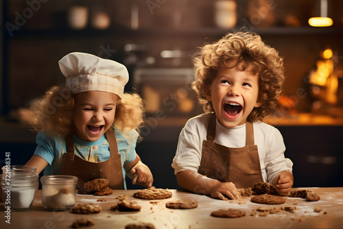 the cute child wearing chef hats and aprons  are engaged in baking. They work on dough placed on a wooden surface  surrounded by various baking tools and ingredients