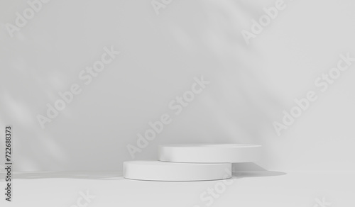 3d render step cylinder podium leaves natural shadow overlay on studio white background display scene with sunlight. presentation and branding products  Exhibition pedestal stand