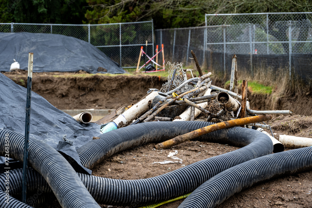 Pile of pipes and other garbage and debris dug out of residential home foundation dig
