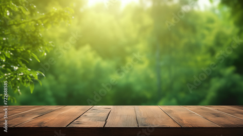 Wooden Desk and Forest Background. Generative AI.