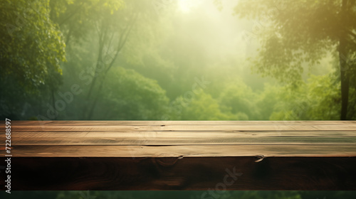 Wooden Desk and Forest Background. Generative AI.