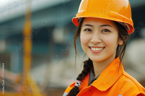 Chinese woman wearing Construction worker uniform for safety on site