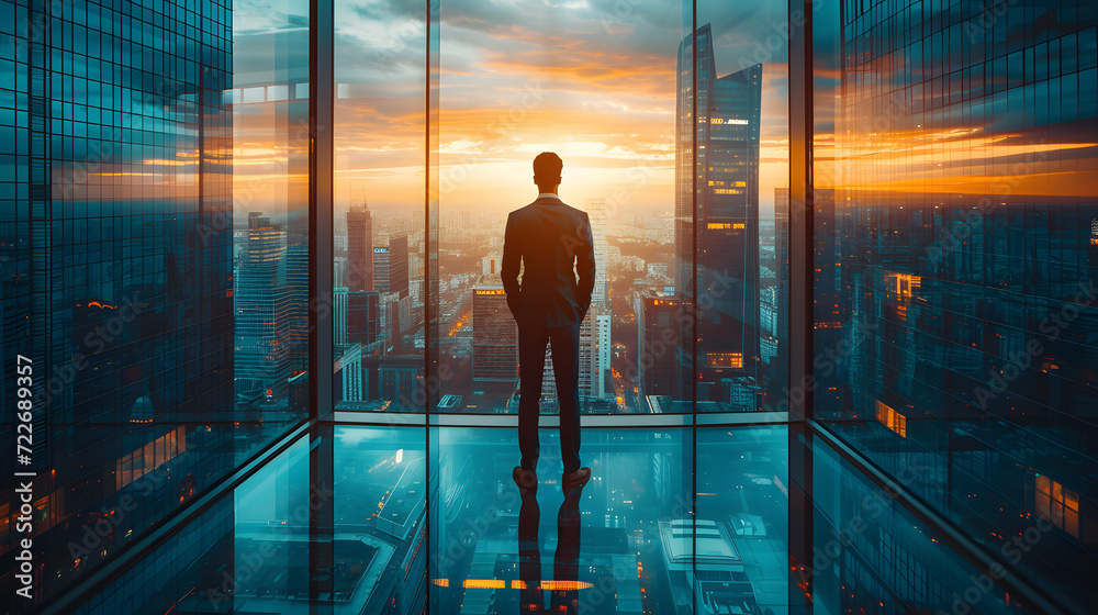 Businessman, Skyscrapers. Backside portrait of male CEO Chief Executive standing in office room looking at cityscape with skyscrapers and electric lights at twilight through wall windows. Generated AI - obrazy, fototapety, plakaty 